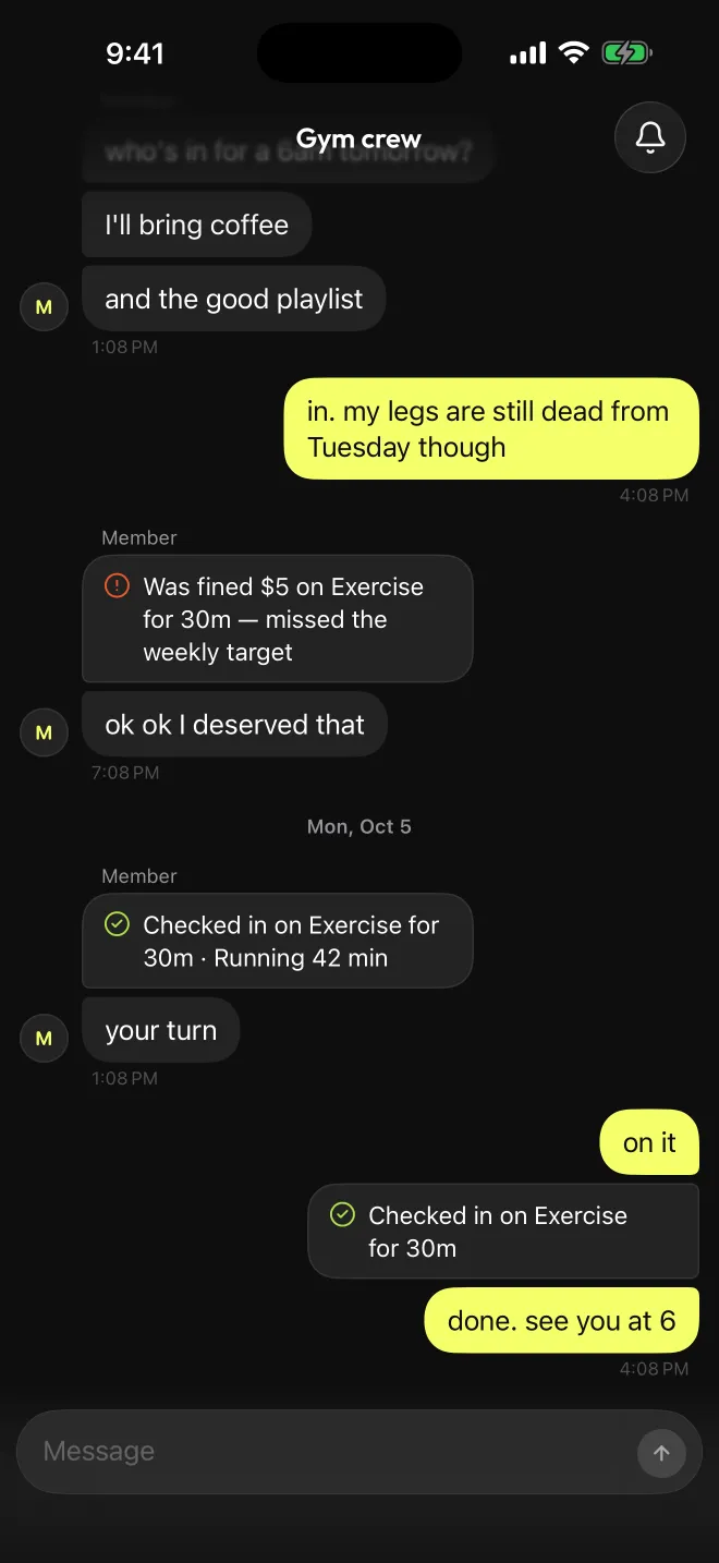 The group chat: a fine card for a missed weekly target, then “ok ok I deserved that.”