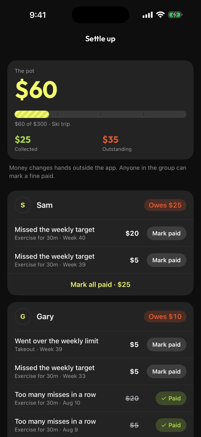 Settle up: $60 in the pot, $25 collected, $35 outstanding, with each member's fines and Mark paid buttons.